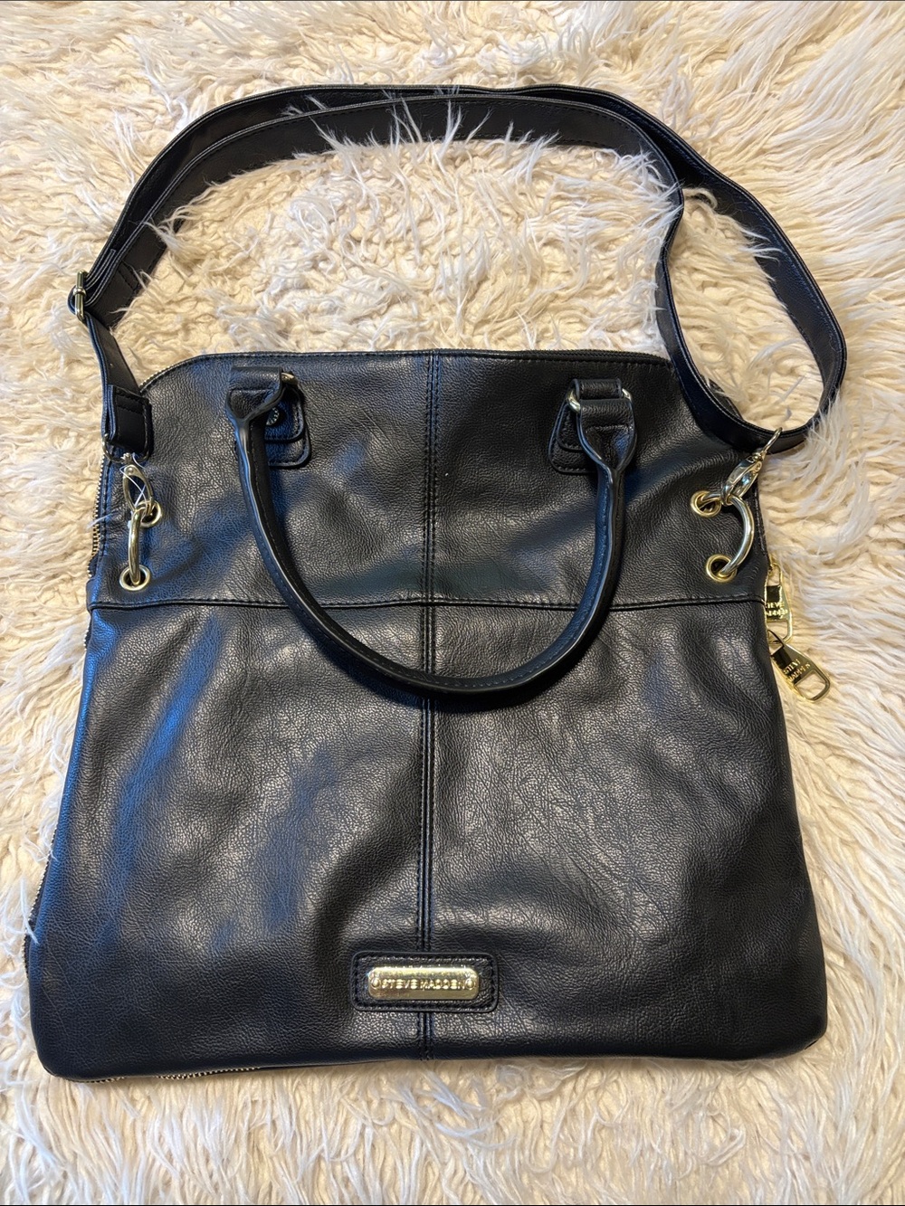 Steve Madden Black Leather Shoulder Tote with Gold Hardware